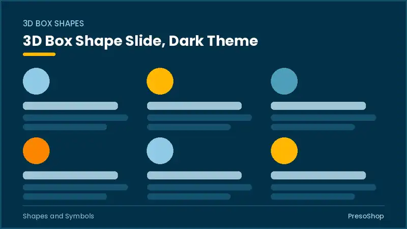 Editable PowerPoint 3d box shape slide template in a dark theme, built from recolourable native shapes for shapes and symbols decks