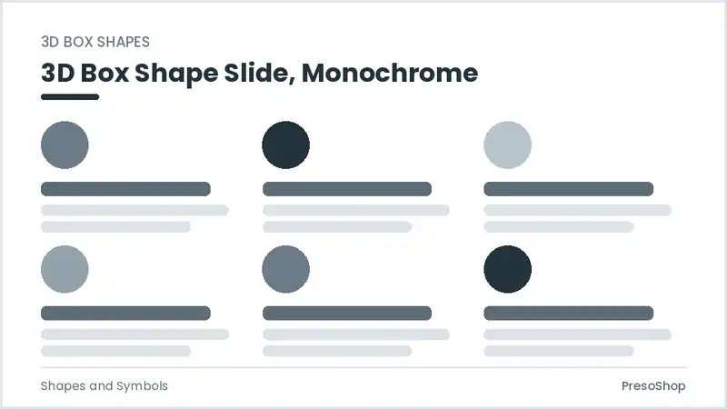 Editable PowerPoint 3d box shape slide template in a monochrome treatment, built from recolourable native shapes for shapes and symbols decks