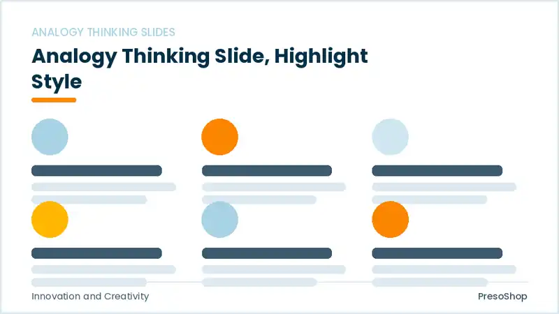 Editable PowerPoint analogy thinking slide template with an accented takeaway, built from recolourable native shapes for innovation and creativity decks