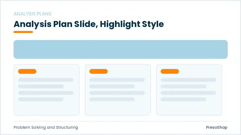 Editable PowerPoint analysis plan slide template with an accented takeaway, built from recolourable native shapes for problem solving and structuring decks