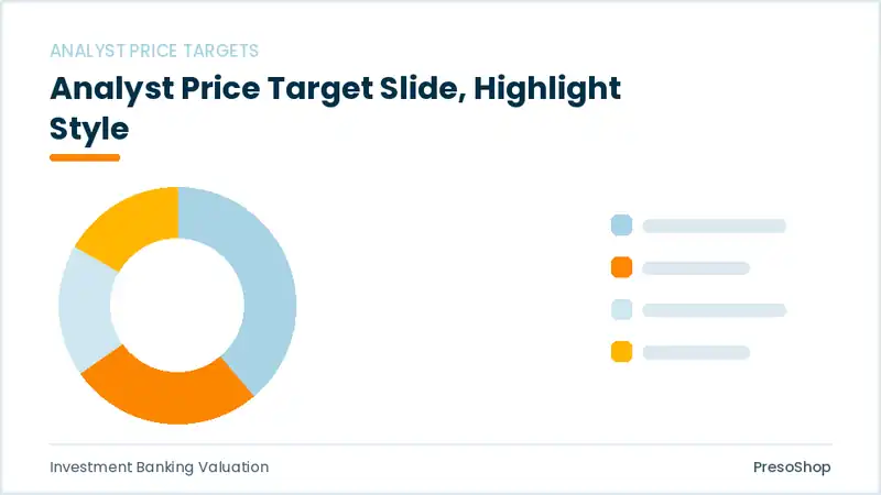 Editable PowerPoint analyst price target slide template with an accented takeaway, built from recolourable native shapes for investment banking valuation decks