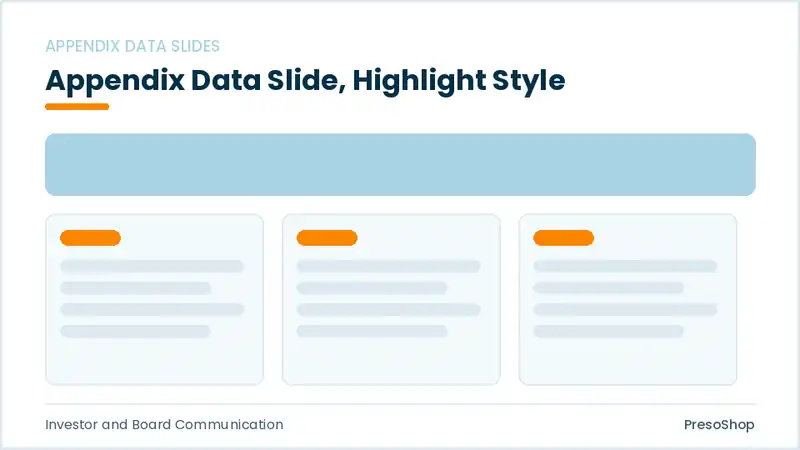 Editable PowerPoint appendix data slide template with an accented takeaway, built from recolourable native shapes for investor and board communication decks