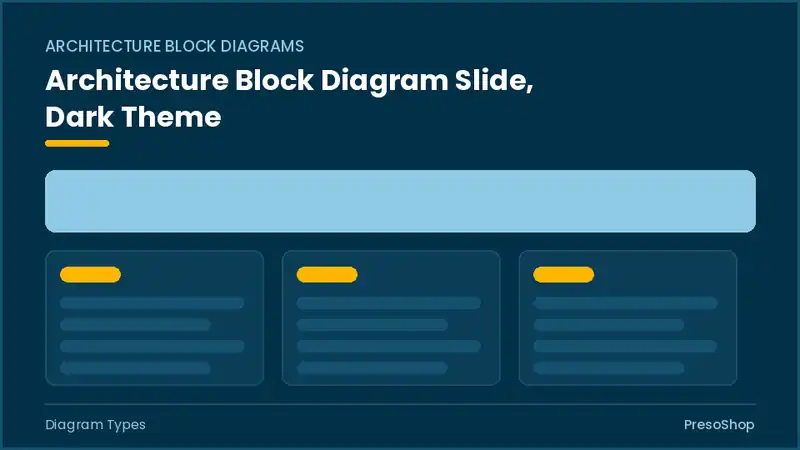 Editable PowerPoint architecture block diagram slide template in a dark theme, built from recolourable native shapes for diagram types decks