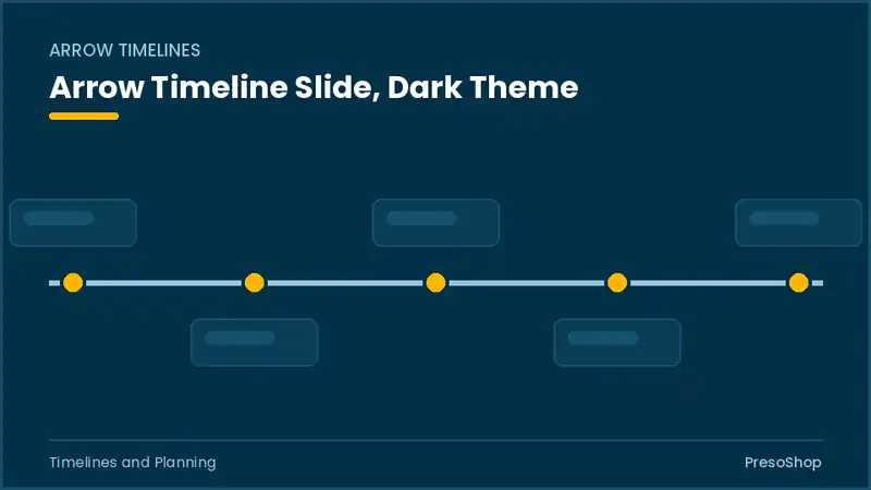 Editable PowerPoint arrow timeline slide template in a dark theme, built from recolourable native shapes for timelines and planning decks