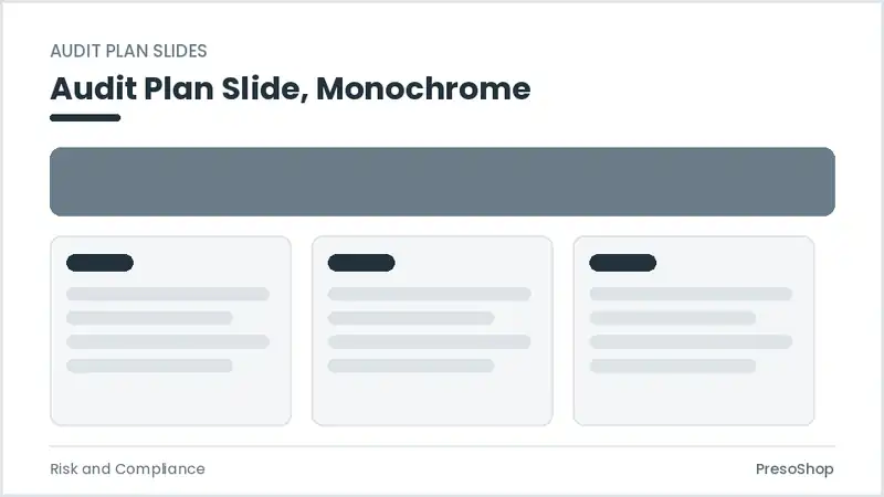 Editable PowerPoint audit plan slide template in a monochrome treatment, built from recolourable native shapes for risk and compliance decks