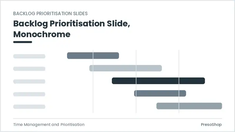 Editable PowerPoint backlog prioritisation slide template in a monochrome treatment, built from recolourable native shapes for time management and prioritisation decks