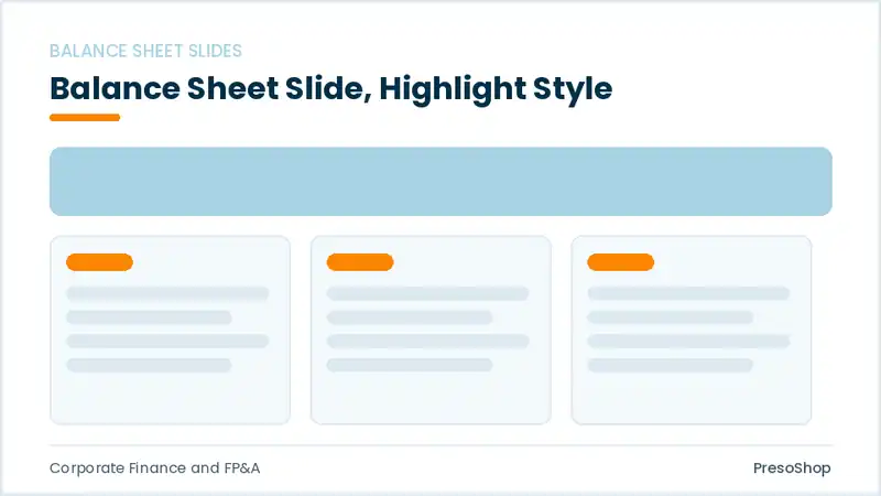 Editable PowerPoint balance sheet slide template with an accented takeaway, built from recolourable native shapes for corporate finance and fp&a decks