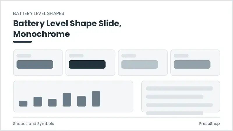 Editable PowerPoint battery level shape slide template in a monochrome treatment, built from recolourable native shapes for shapes and symbols decks