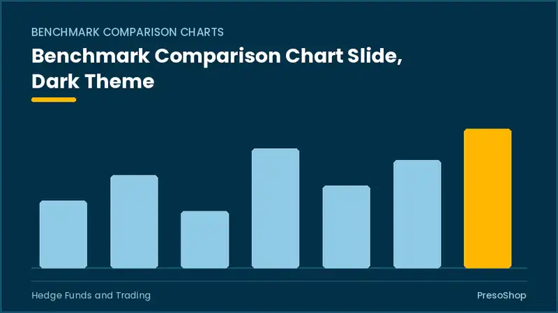 Editable PowerPoint benchmark comparison chart slide template in a dark theme, built from recolourable native shapes for hedge funds and trading decks