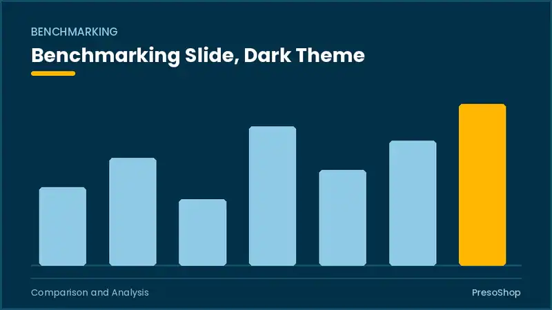 Editable PowerPoint benchmarking slide template in a dark theme, built from recolourable native shapes for comparison and analysis decks