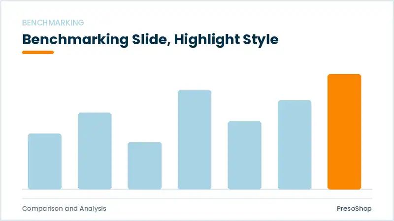 Editable PowerPoint benchmarking slide template with an accented takeaway, built from recolourable native shapes for comparison and analysis decks