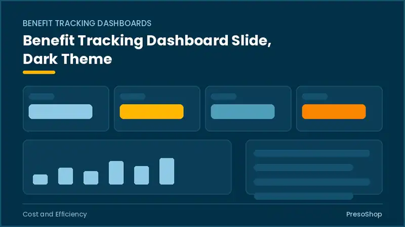 Editable PowerPoint benefit tracking dashboard slide template in a dark theme, built from recolourable native shapes for cost and efficiency decks