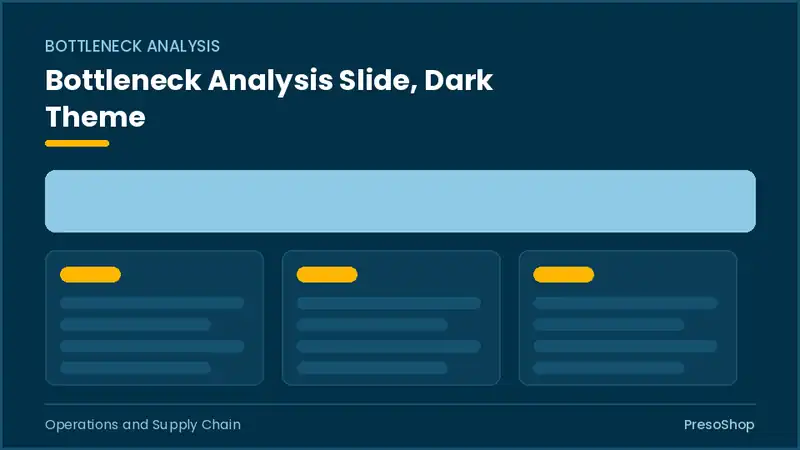 Editable PowerPoint bottleneck analysis slide template in a dark theme, built from recolourable native shapes for operations and supply chain decks