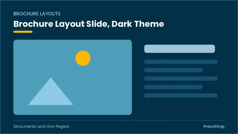Editable PowerPoint brochure layout slide template in a dark theme, built from recolourable native shapes for documents and one pagers decks