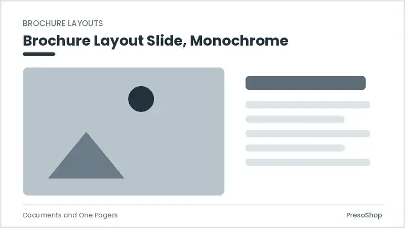 Editable PowerPoint brochure layout slide template in a monochrome treatment, built from recolourable native shapes for documents and one pagers decks