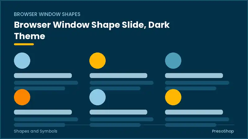 Editable PowerPoint browser window shape slide template in a dark theme, built from recolourable native shapes for shapes and symbols decks