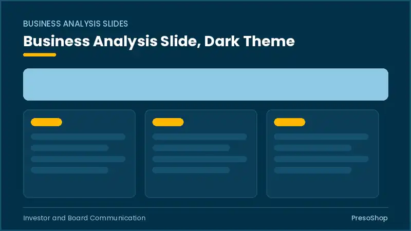 Editable PowerPoint business analysis slide template in a dark theme, built from recolourable native shapes for investor and board communication decks