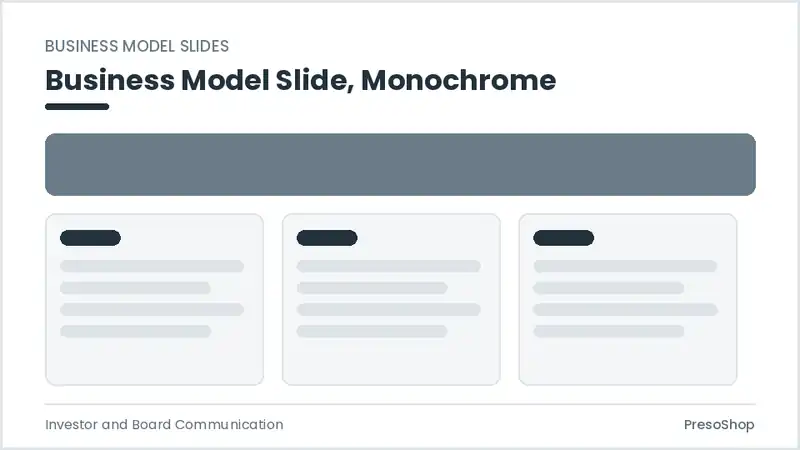 Editable PowerPoint business model slide template in a monochrome treatment, built from recolourable native shapes for investor and board communication decks