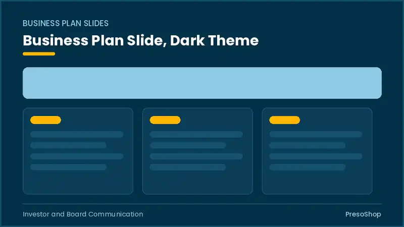 Editable PowerPoint business plan slide template in a dark theme, built from recolourable native shapes for investor and board communication decks