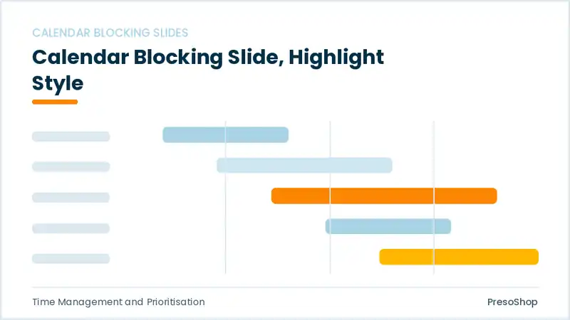 Editable PowerPoint calendar blocking slide template with an accented takeaway, built from recolourable native shapes for time management and prioritisation decks