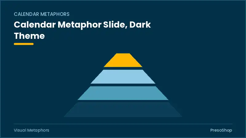 Editable PowerPoint calendar metaphor slide template in a dark theme, built from recolourable native shapes for visual metaphors decks