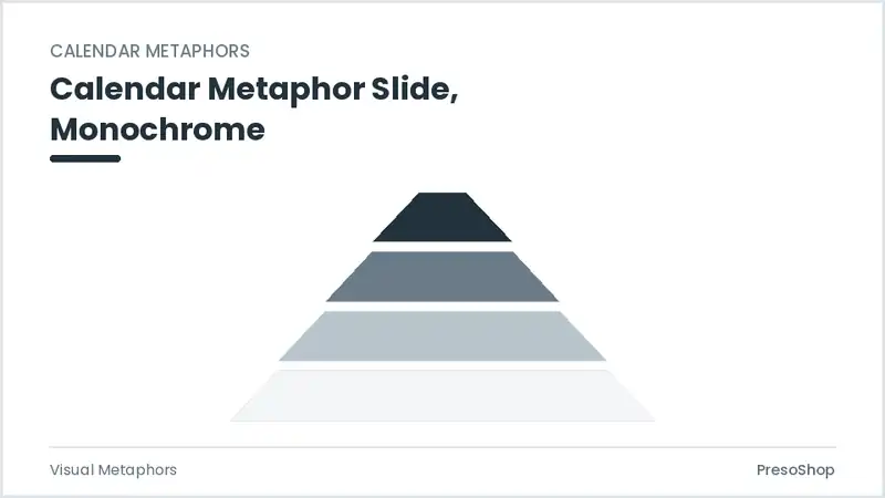 Editable PowerPoint calendar metaphor slide template in a monochrome treatment, built from recolourable native shapes for visual metaphors decks