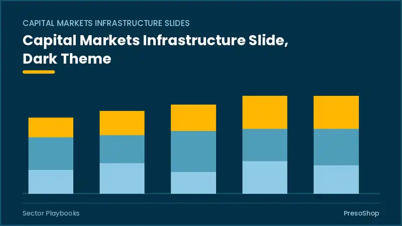 Editable PowerPoint capital markets infrastructure slide template in a dark theme, built from recolourable native shapes for sector playbooks decks