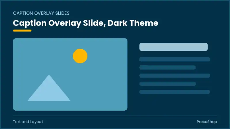 Editable PowerPoint caption overlay slide template in a dark theme, built from recolourable native shapes for text and layout decks