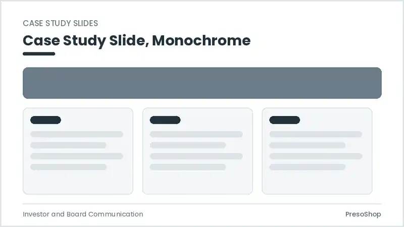 Editable PowerPoint case study slide template in a monochrome treatment, built from recolourable native shapes for investor and board communication decks