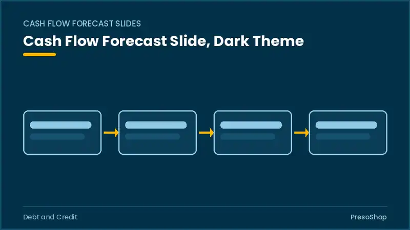 Editable PowerPoint cash flow forecast slide template in a dark theme, built from recolourable native shapes for debt and credit decks