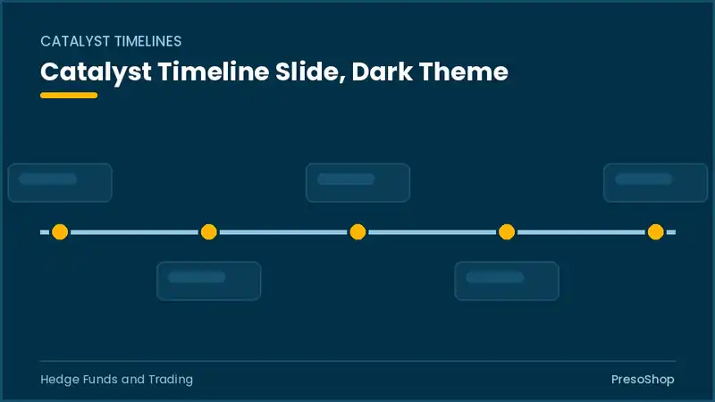 Editable PowerPoint catalyst timeline slide template in a dark theme, built from recolourable native shapes for hedge funds and trading decks
