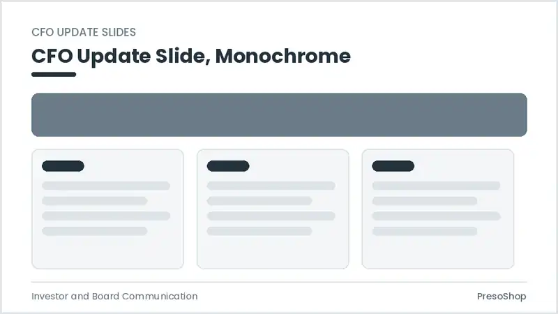 Editable PowerPoint cfo update slide template in a monochrome treatment, built from recolourable native shapes for investor and board communication decks