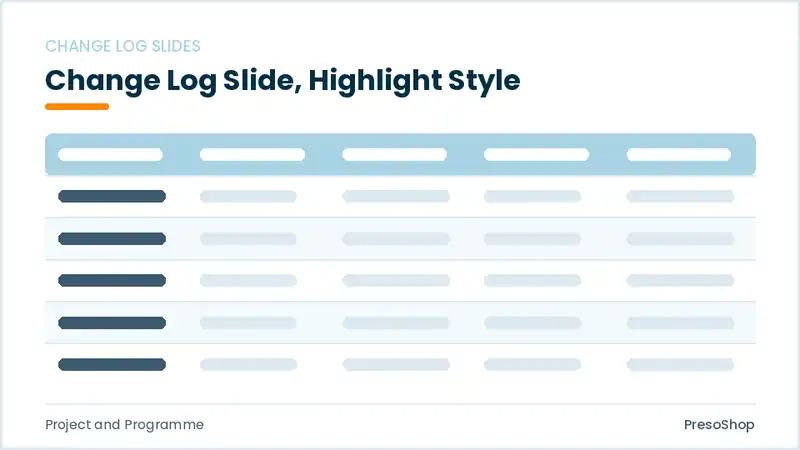 Editable PowerPoint change log slide template with an accented takeaway, built from recolourable native shapes for project and programme decks