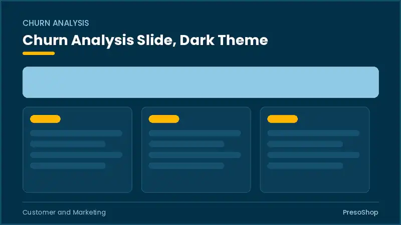 Editable PowerPoint churn analysis slide template in a dark theme, built from recolourable native shapes for customer and marketing decks