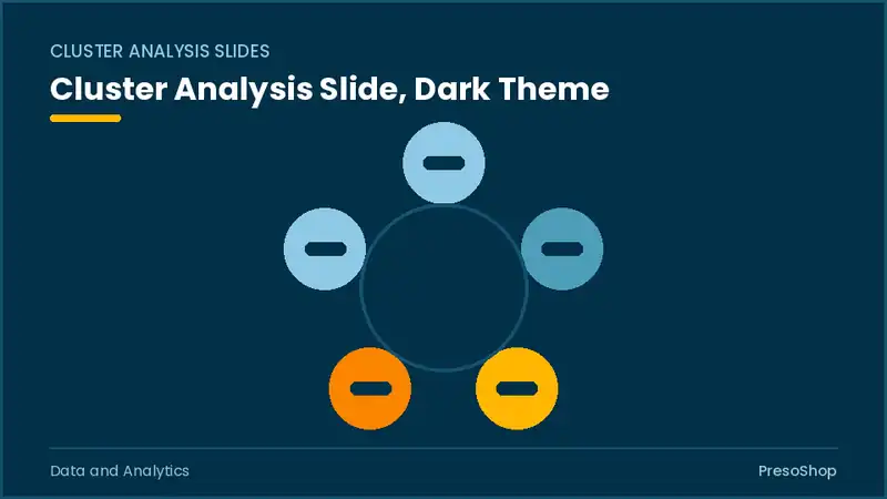 Editable PowerPoint cluster analysis slide template in a dark theme, built from recolourable native shapes for data and analytics decks