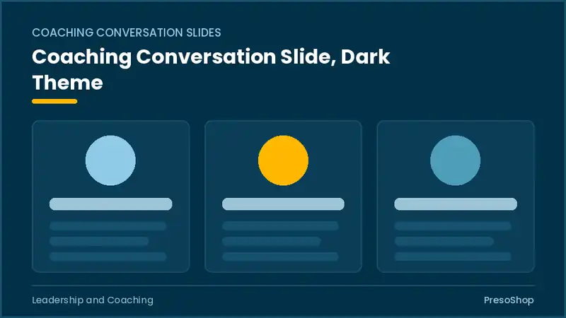 Editable PowerPoint coaching conversation slide template in a dark theme, built from recolourable native shapes for leadership and coaching decks