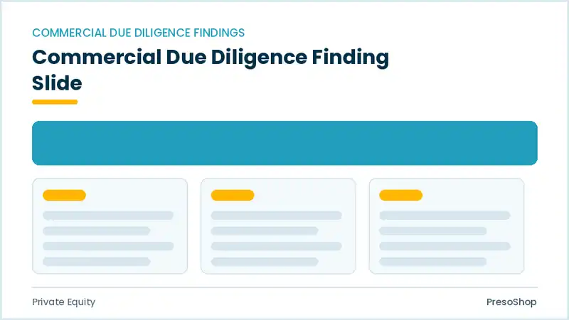 Editable PowerPoint commercial due diligence finding slide template, built from recolourable native shapes for private equity decks