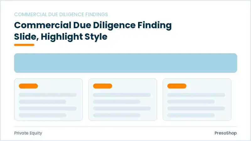 Editable PowerPoint commercial due diligence finding slide template with an accented takeaway, built from recolourable native shapes for private equity decks