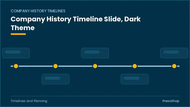 Editable PowerPoint company history timeline slide template in a dark theme, built from recolourable native shapes for timelines and planning decks