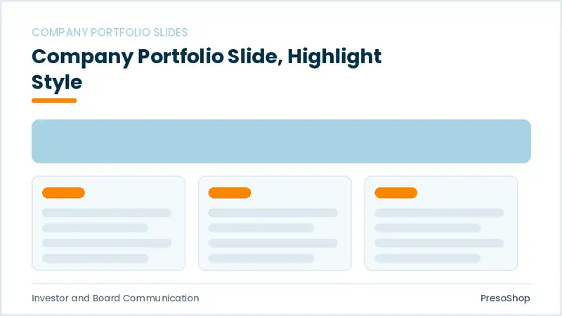 Editable PowerPoint company portfolio slide template with an accented takeaway, built from recolourable native shapes for investor and board communication decks
