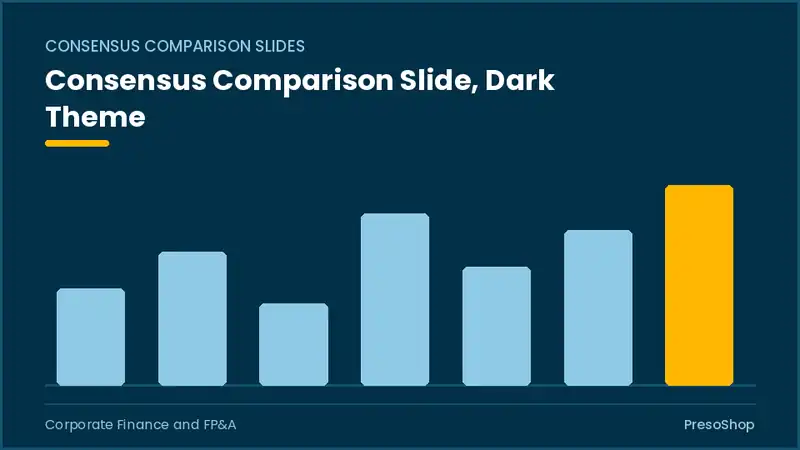 Editable PowerPoint consensus comparison slide template in a dark theme, built from recolourable native shapes for corporate finance and fp&a decks