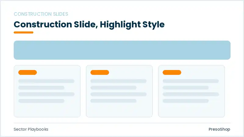 Editable PowerPoint construction slide template with an accented takeaway, built from recolourable native shapes for sector playbooks decks