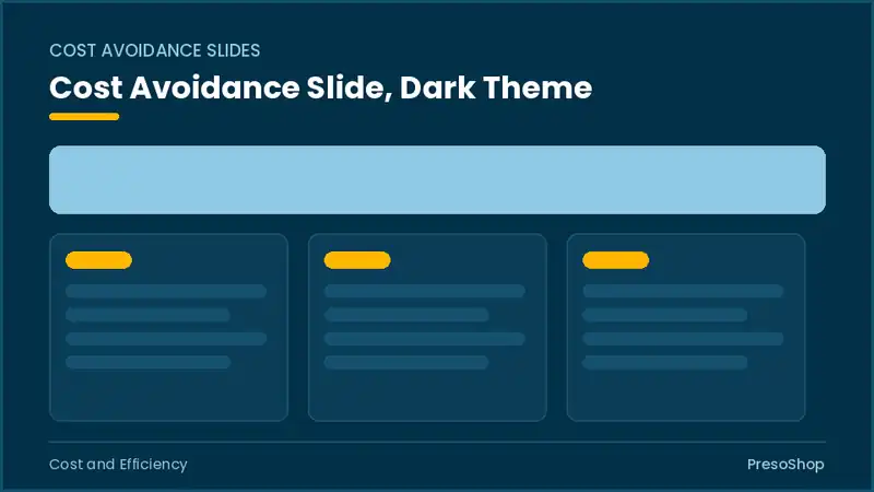 Editable PowerPoint cost avoidance slide template in a dark theme, built from recolourable native shapes for cost and efficiency decks
