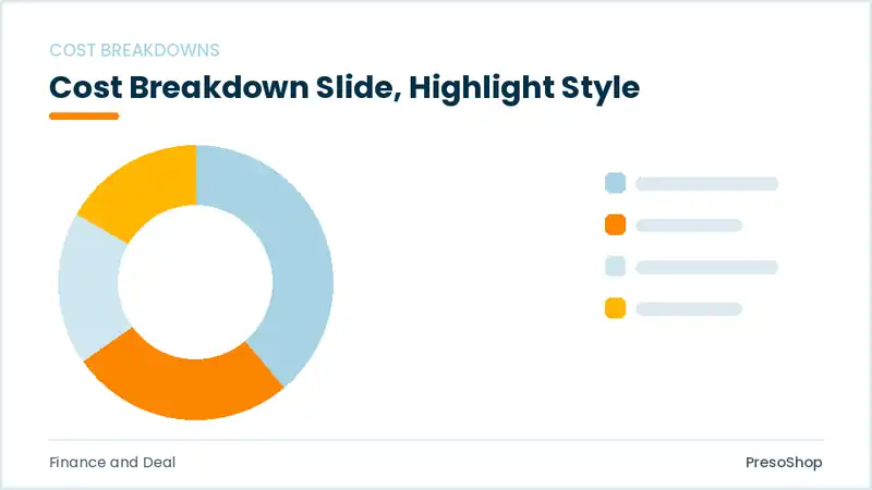 Editable PowerPoint cost breakdown slide template with an accented takeaway, built from recolourable native shapes for finance and deal decks