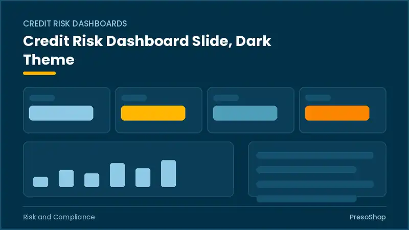 Editable PowerPoint credit risk dashboard slide template in a dark theme, built from recolourable native shapes for risk and compliance decks
