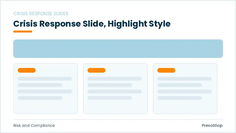 Editable PowerPoint crisis response slide template with an accented takeaway, built from recolourable native shapes for risk and compliance decks