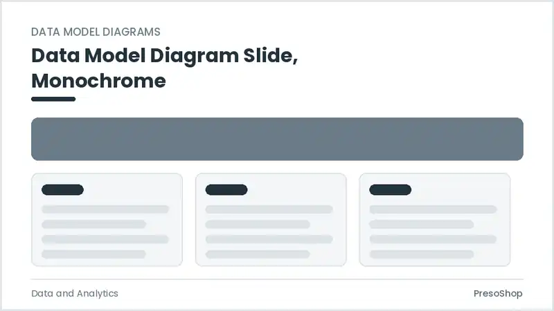 Editable PowerPoint data model diagram slide template in a monochrome treatment, built from recolourable native shapes for data and analytics decks