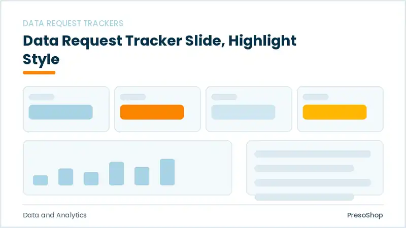 Editable PowerPoint data request tracker slide template with an accented takeaway, built from recolourable native shapes for data and analytics decks