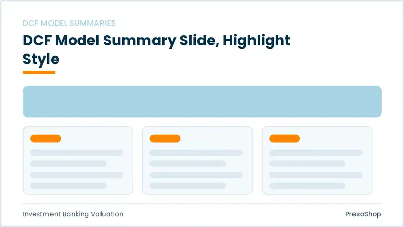 Editable PowerPoint dcf model summary slide template with an accented takeaway, built from recolourable native shapes for investment banking valuation decks