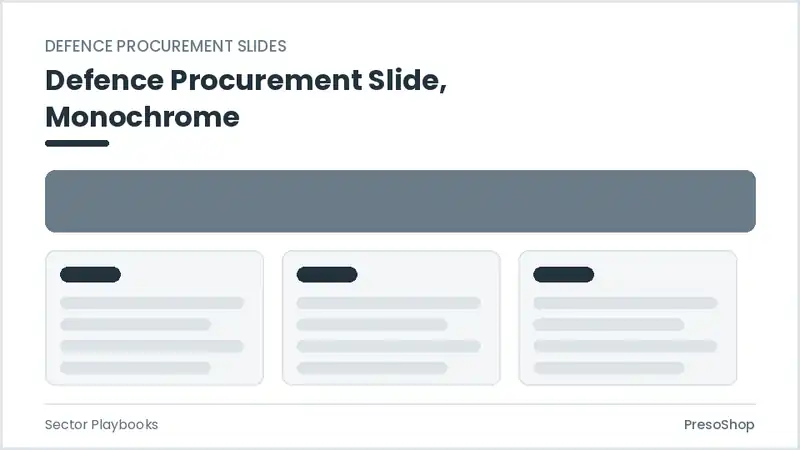 Editable PowerPoint defence procurement slide template in a monochrome treatment, built from recolourable native shapes for sector playbooks decks